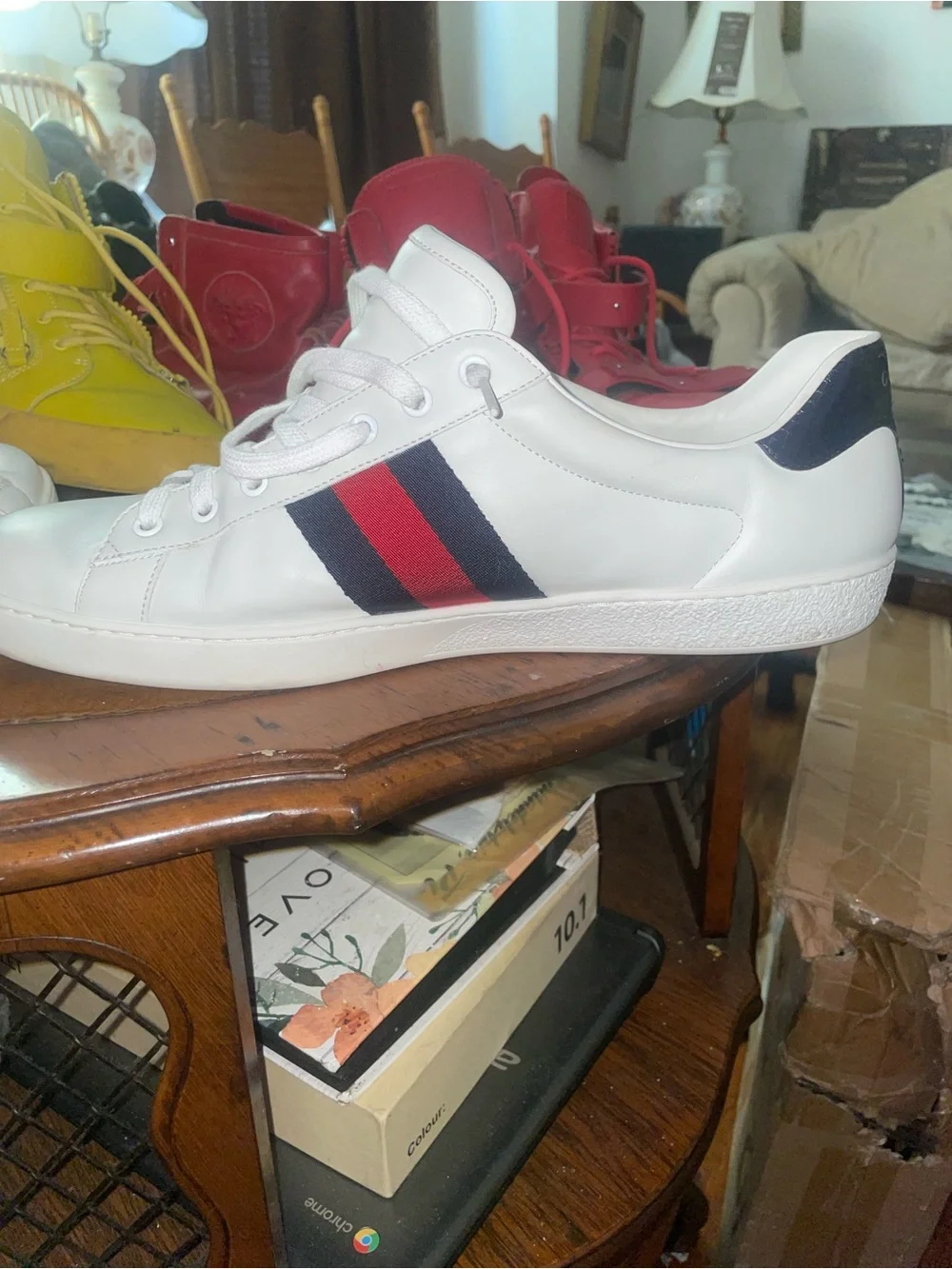 Gucci White Leather Sneakers with Red & Navy Web Stripe